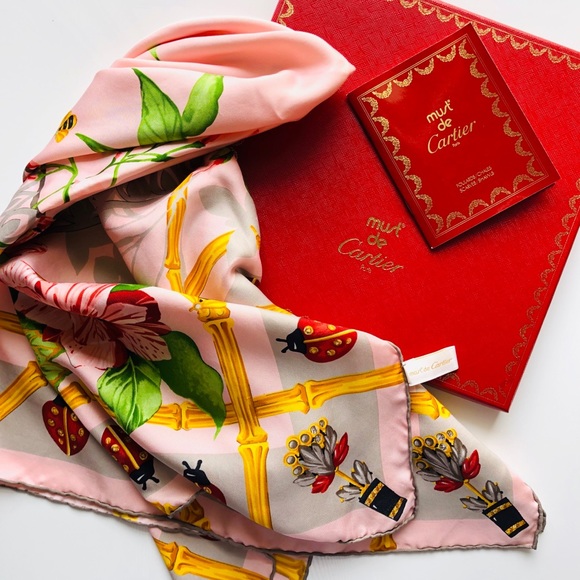 Vintage Must De Cartier Paris silk floral scarf